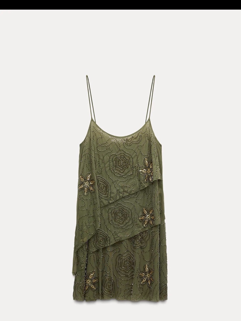 Zara Olive Beaded Spaghetti-Strap Dress